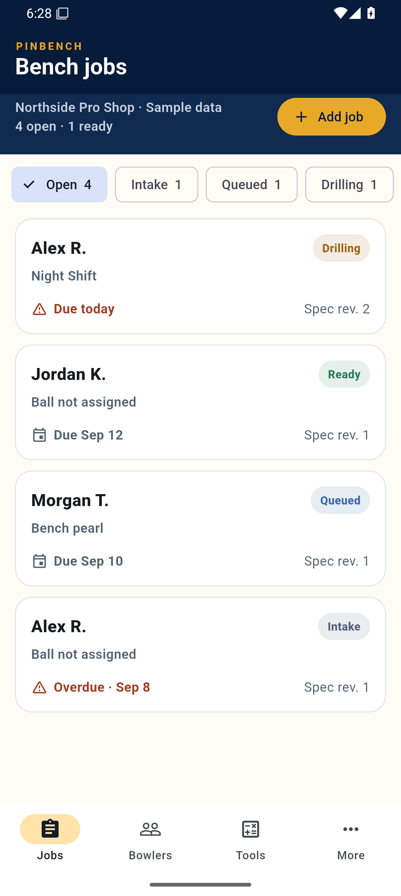 Pinbench’s real Android jobs board showing four sample drill jobs and their linked spec revisions