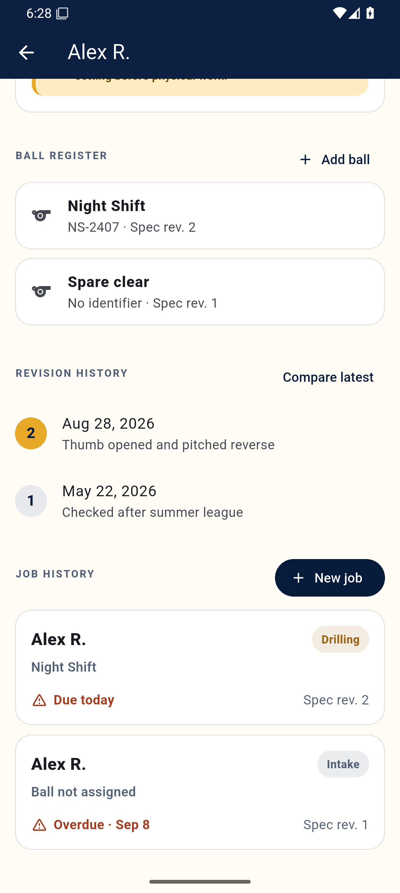 A Pinbench profile showing registered balls, revision history, and drill jobs